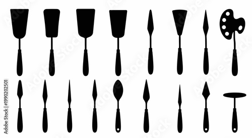 Painter's tools silhouettes various brushes and scrapers for art black icons on white background