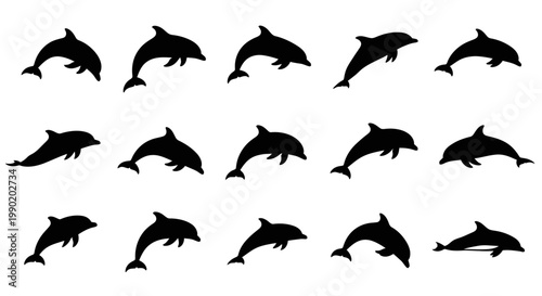 Black dolphin silhouettes jumping in various poses on white background marine life icons