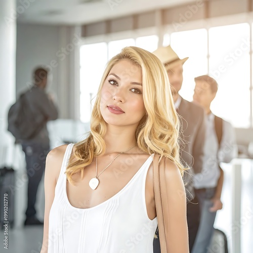 A young woman in a white top stands in front of blurred figures
