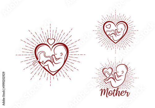 Stylized fetus in heart icons set with sunrays, celebrating pregnancy, motherhood, and the miracle of life; minimalist linear vector illustration.