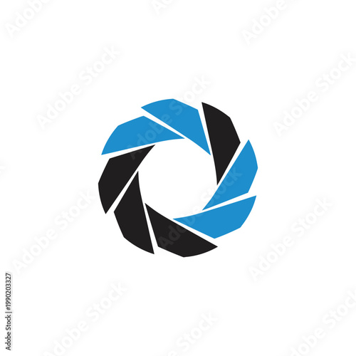 A blue and black camera shutter icon on a white background