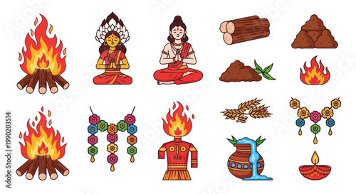 Indian Festival Elements: Bonfires, Deity, Offerings, and Rituals