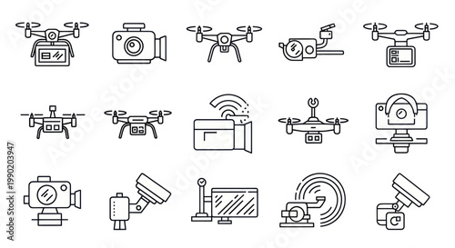 Drone and Camera Technology Icons Set: Aerial Photography, Surveillance, Videography