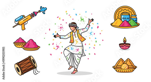 Holi Festival Celebration: Man Dancing, Colors, Pichkari, Gulal, Diya, Sweets