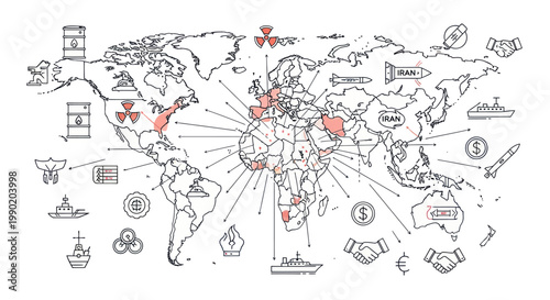 Global Nuclear Power Map with Radioactive Symbols and Icons