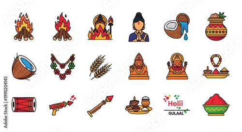 Indian Festival Icons: Holi, Holika Dahan, Coconut, Drum, Colors, Gods, Wheat, Garland
