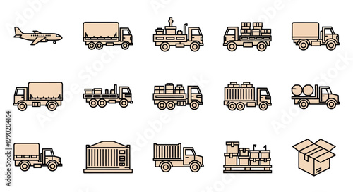 Logistics and Delivery Icons: Trucks, Airplane, Cargo Containers, Boxes