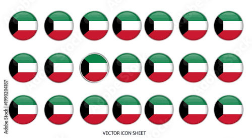 Kuwait Flag Icons Set, Round Buttons, National Symbols, Vector Graphics