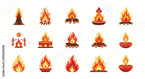 Set of Campfires and Traditional Indian Diyas Illustrations