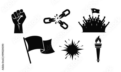 Black power fist, broken chain, and protest crowd with flag vector.