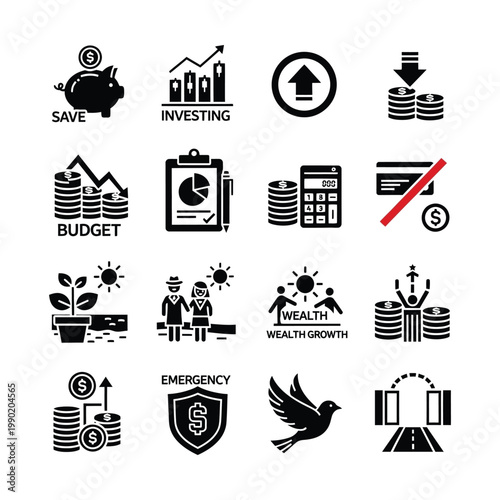 A comprehensive set of financial icons depicting saving, investing, budgeting, wealth growth, and emergency funds.