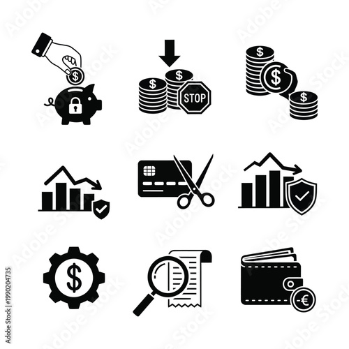 Financial management and economic icons set depicting savings, debt, budgeting, risk protection, and expense tracking.