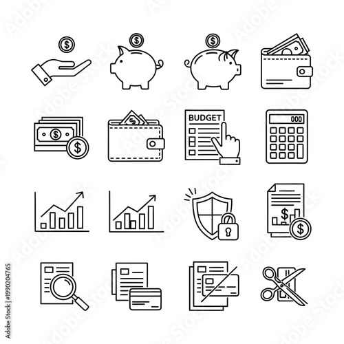 Set of financial and business line icons including money, savings, budget, charts, security, and payment methods.