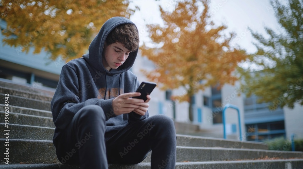 Fototapeta premium Teenager engrossed in smartphone on outdoor steps.