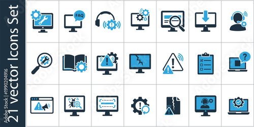 Technical Support and Troubleshooting Vector Icon Set. Customer service, FAQ, error, computer repair, bug fixing and IT helpdesk symbols. Flat style.