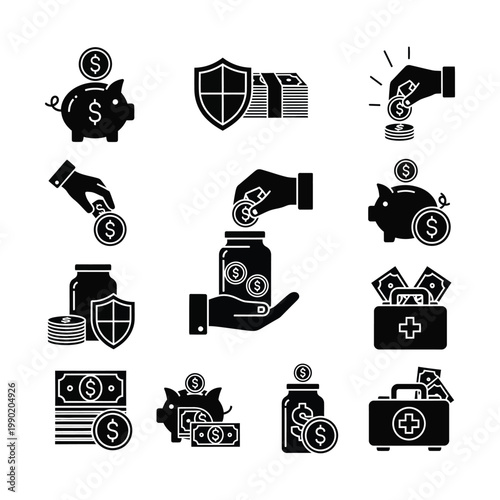 Financial savings and investment icons set featuring piggy banks, money, insurance, and healthcare funds in a silhouette style.