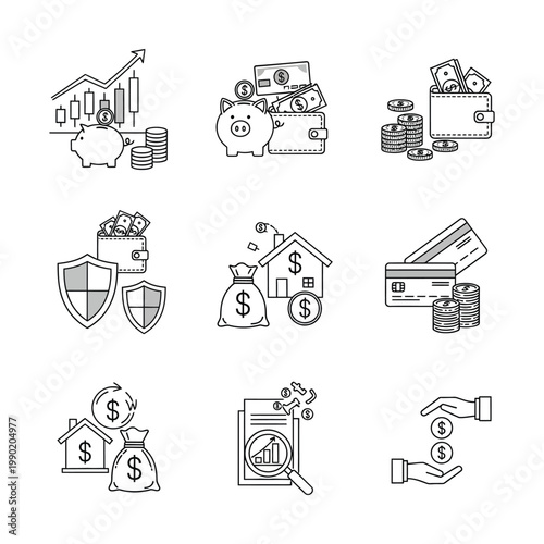 Konstfotografi A collection of line art icons illustrating various financial concepts including savings, investment, property, banking, security, and transactions