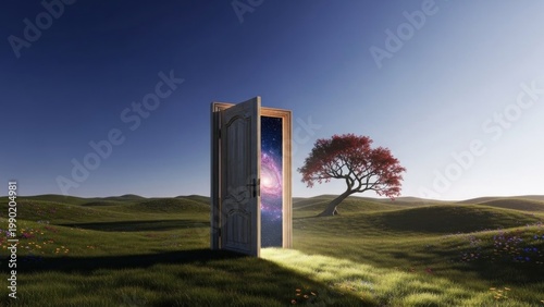 A door standing open in a field, revealing a radiant light and a tree