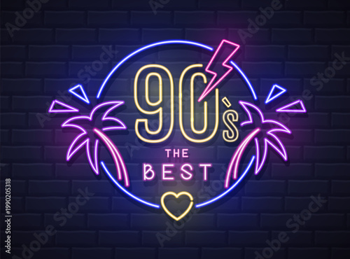 Retro Neon sign 90`s the beast  with fluorescent palm trees, heart and lightning. Vintage electric signboard. Vector illustration