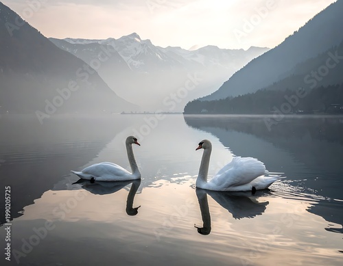 Two swans on a serene lake with mountains