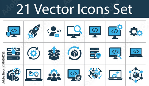 Software Development and Programming Vector Icon Set. Coding, security, system update, cloud upload, database, analytics and IT management symbols.