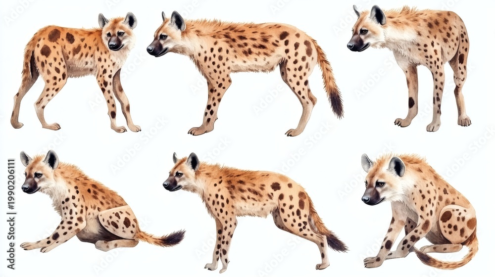 Obraz premium Watercolor studies of hyenas in various poses on white background, naturalistic texture and warm tones