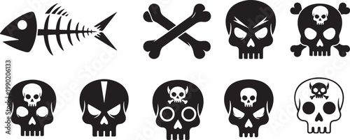 Jolly Roger, skull icons, pirate symbols, black vector graphics isolated on Transparent Background