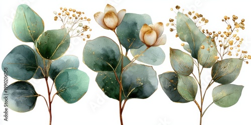Watercolor illustration of three botanical arrangements featuring eucalyptus leaves and delicate flowers with golden accents on a white background