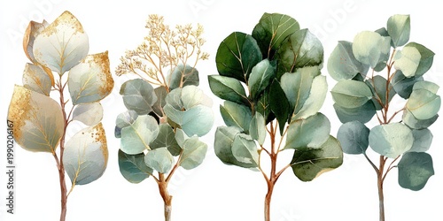 Watercolor illustration of various eucalyptus leaves in different shapes and colors, showcasing green, blue, and golden hues on white background
