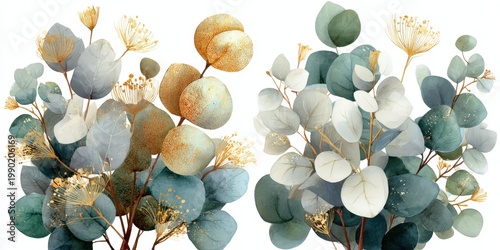 Eucalyptus leaves and branches illustration featuring green and gold tones, arranged in a symmetrical composition with delicate floral accents on a white background