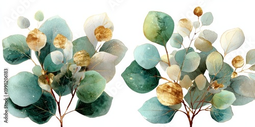 Watercolor illustration of green and gold eucalyptus leaves arranged in two clusters on a white background, showcasing delicate details and organic shapes