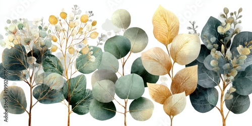 Watercolor illustration of various leaves and branches in shades of green, gold, and gray, arranged in a decorative pattern suitable for design projects