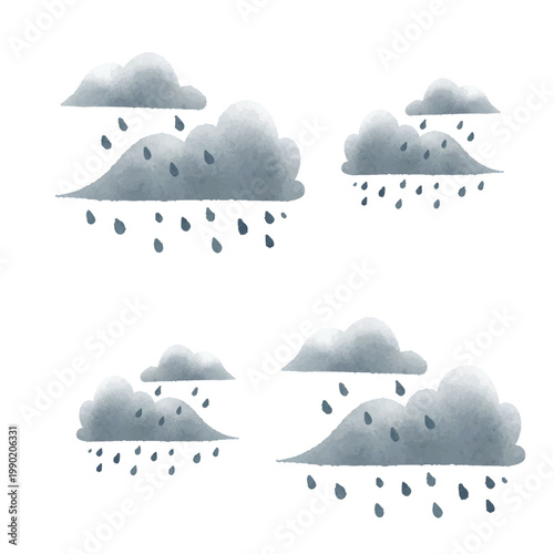 watercolor rain clouds on transparent background. Fall weather eddy clouds, vector 3d rainstorm cloud set with heavy stormy rainfall