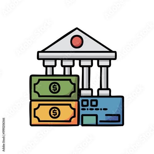 Flat illustration of bank building with money and credit card