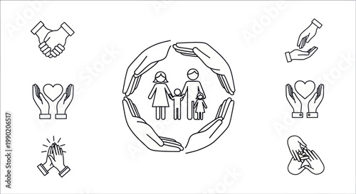 Family Protection Symbol: Hands Caring for Couple and Child, Heart, Shaking Hands, Praying Hands Icons