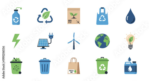 Eco-friendly Icons Set: Recycling, Renewable Energy, Earth, Nature, Sustainability