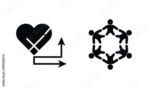 Heart with growth arrows and people circle vector showing community silhouette illustration.