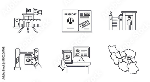 Iran Border Crossing Icons: Passport, Visa, Customs, Map, Immigration, Security