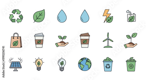 Eco-friendly Icons Set: Sustainability, Nature, Renewable Energy, Recycling, Green Living