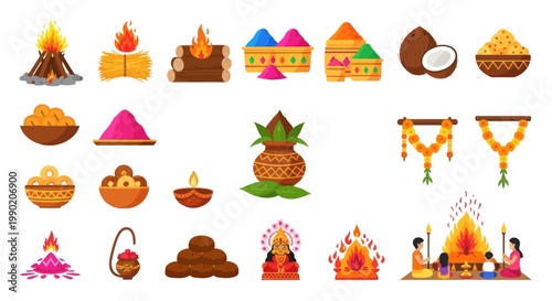 Indian Festival Celebration Elements: Bonfire, Diyas, Puja Pot, Colors, Sweets, Offerings