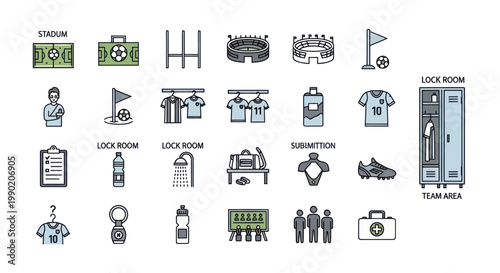 Soccer Team Icons: Stadium, Locker Room, Equipment, Players, and Training