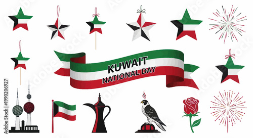 Kuwait National Day Celebration Elements: Flags, Fireworks, Dallah, Falcon, Rose, Towers