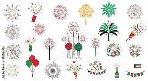 Kuwait National Day Celebration Icon Set: Fireworks, Balloons, Palm Trees & Flags