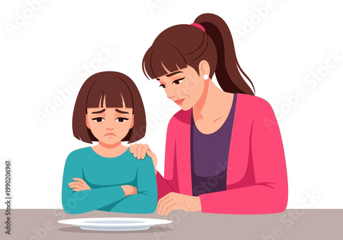 Mother Comforting Sad Daughter Refusing to Eat, Parenting Concept for Eating Disorders, Child Mental Health, Picky Eater, Family Support and Communication Vector Illustration