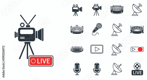 Live Broadcast Icons: Camera, Microphone, Stadium, Satellite Dish, Play Button