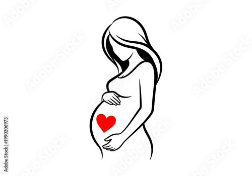 Minimalist Vector Illustration of a Pregnant Woman Silhouette with Red Heart, Symbolizing Motherhood and Love for Unborn Baby