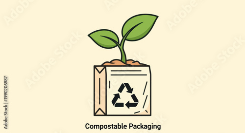 Compostable Packaging with Sprout Icon, Eco-friendly Material Concept
