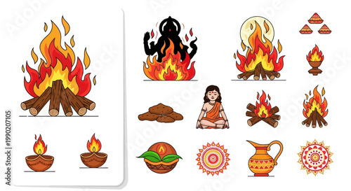 Indian Fire Ritual Elements: Bonfire, Deity, Lamps, Offering Bowl, Pot, Mandala