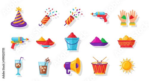 Holi festival icons: colors, water guns, party hat, confetti, drinks, sun