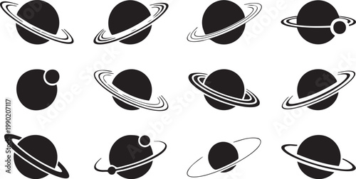 Collection of stylized planets with rings and moons.
